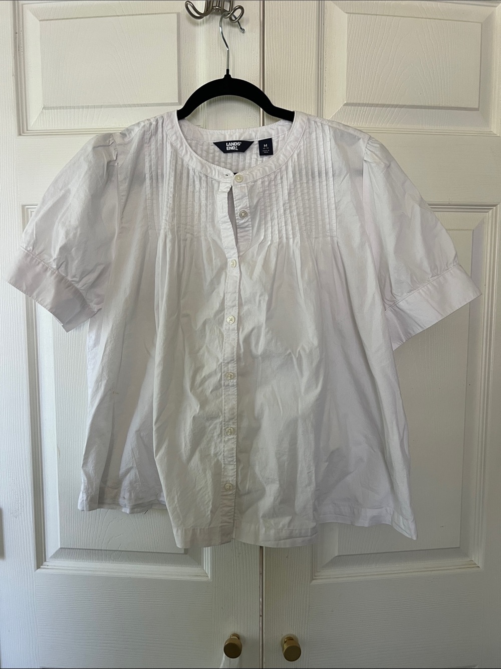 Lands' End White Pintuck Button-Front Short Sleeve Shirt